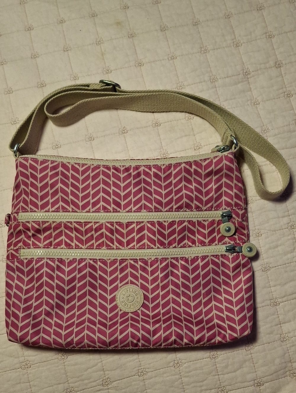 Kipling Pink Pattern Crossbody Bag with Cream Strap